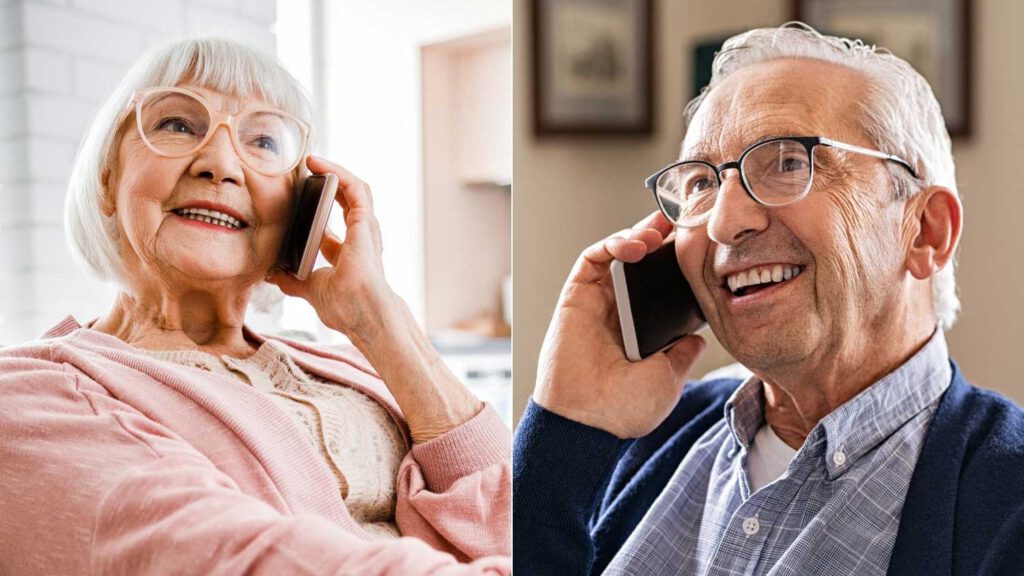 blog-how-does-the-retiring-of-the-3g-network-affect-the-senior-population.jpg - Anthem Lakes Senior Living Senior woman and man talking on cellphones